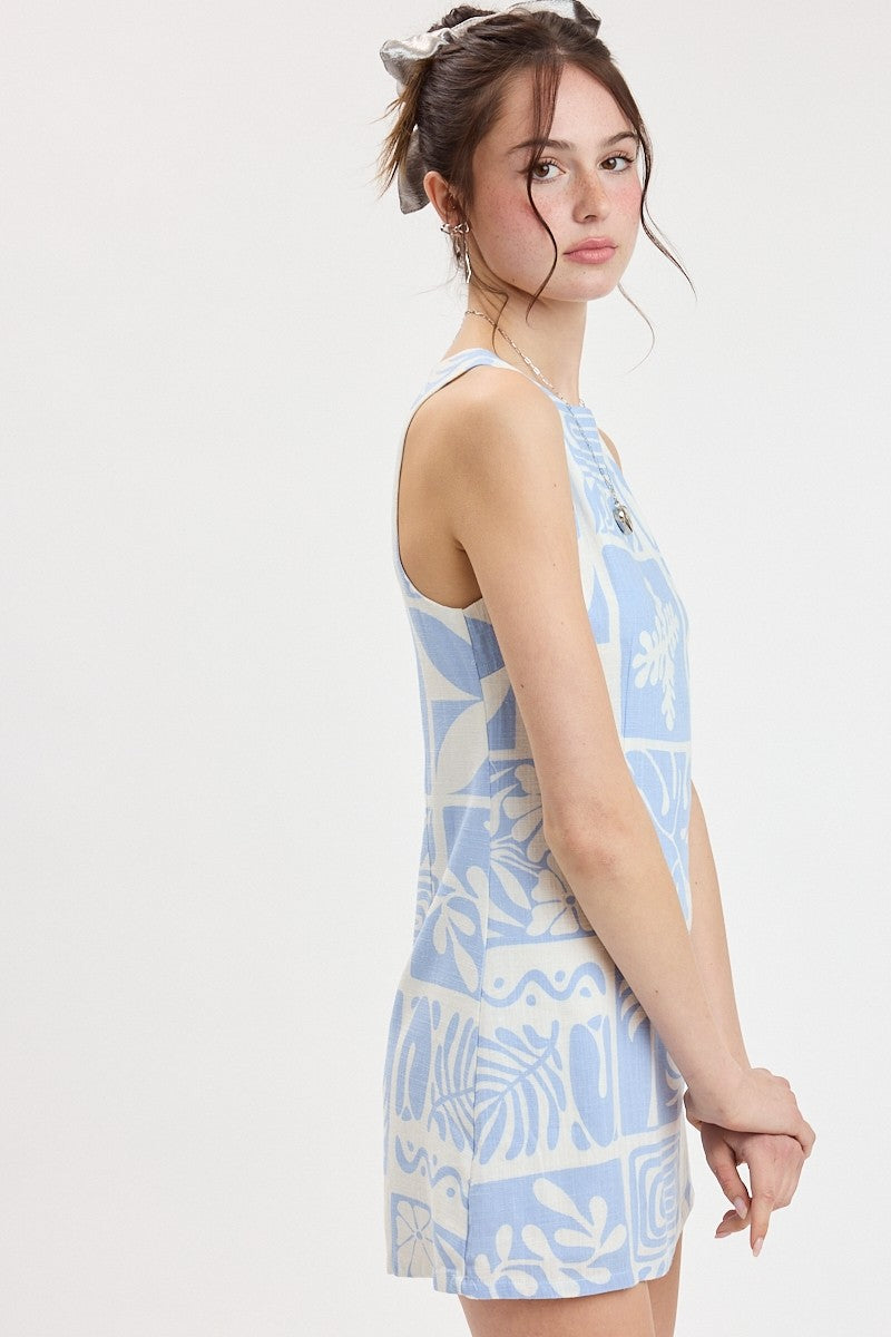 Salt & Sand Tropical Tile Boat Neck Mini Dress