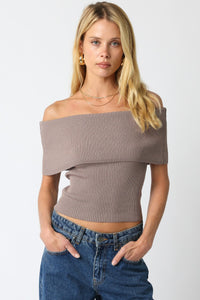 Off Shoulder Fitted Top In Taupe
