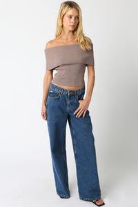 Off Shoulder Fitted Top In Taupe