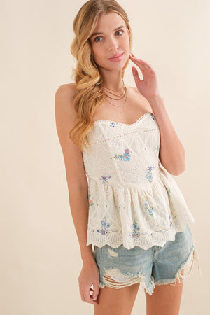 Blue For You Peplum Eyelet Strapless Top