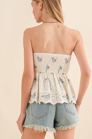 Blue For You Peplum Eyelet Strapless Top