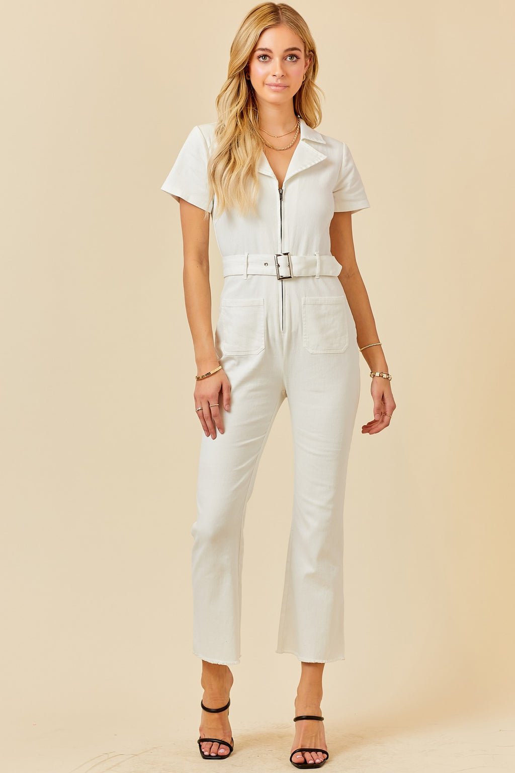 The Hustle Zip Front Jumpsuit with Belt in White