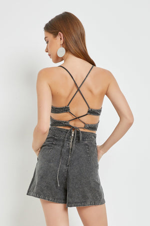 Just like Heaven Lace Up Back Corset Romper in Black