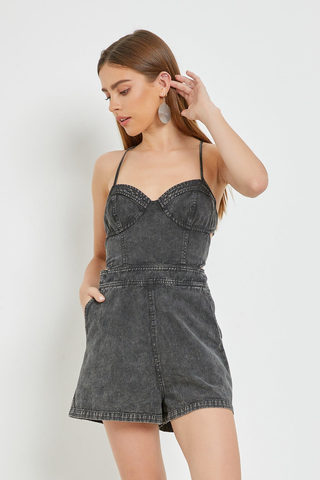 Just like Heaven Lace Up Back Corset Romper in Black