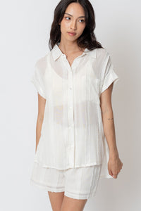 The Avenue Semi Sheer Tonal Stipre Button Down Top