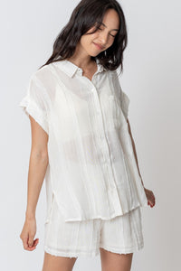 The Avenue Semi Sheer Tonal Stipre Button Down Top