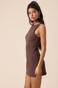 Boat Neck Inside Shorts Micro Mini Dress in Chocolate