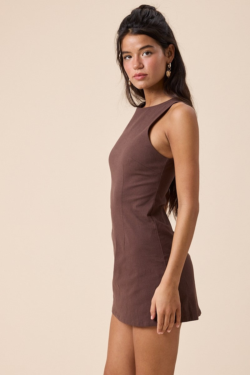 Boat Neck Inside Shorts Micro Mini Dress in Chocolate