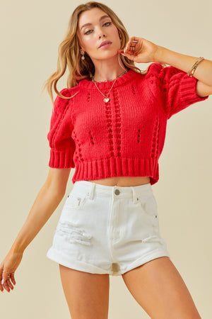 Lady in Red Pointelle Cropped Puff Sleeve Sweater