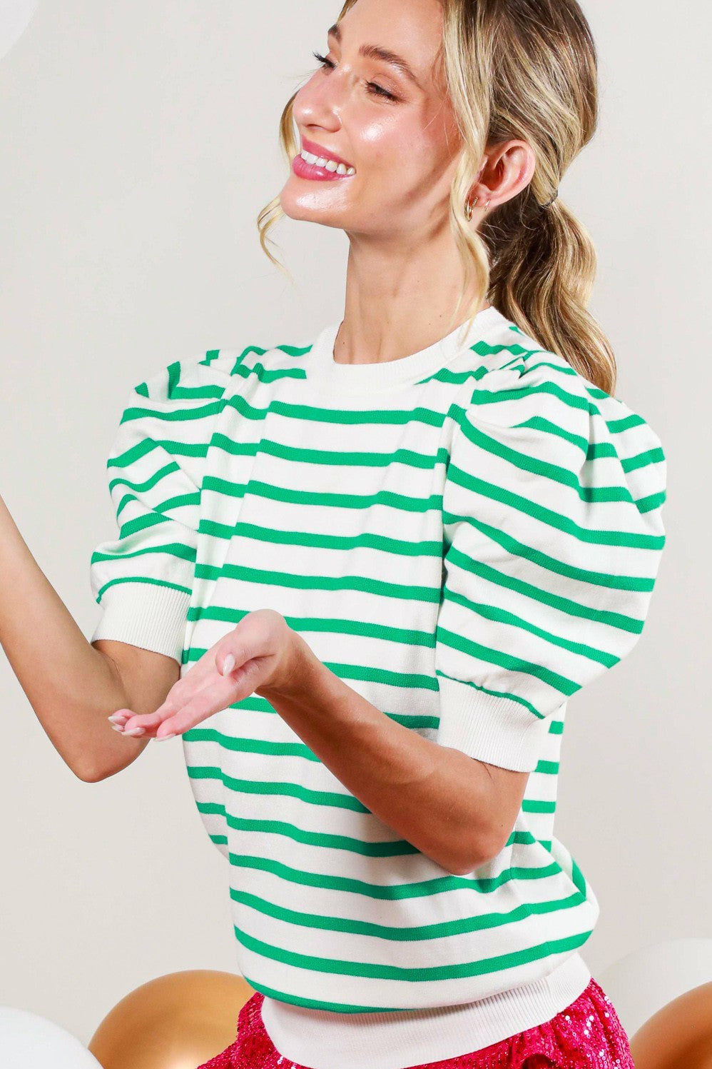 Sailor Striped Puff Sleeve Sweater in Green