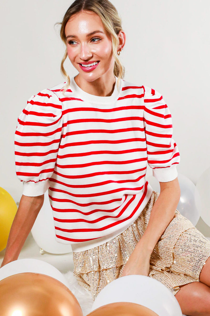 Sailor Striped Puff Sleeve Sweater in Red FINAL SALE