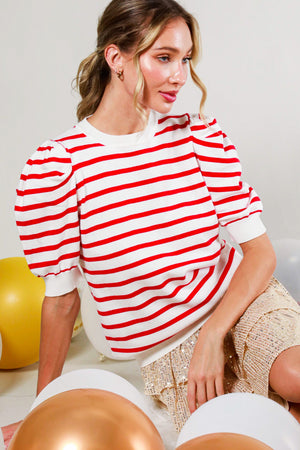 Sailor Striped Puff Sleeve Sweater in Red