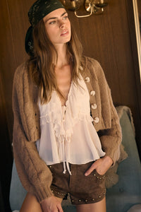 Puff Sleeve Crop Cardigan Sweater in Mocha