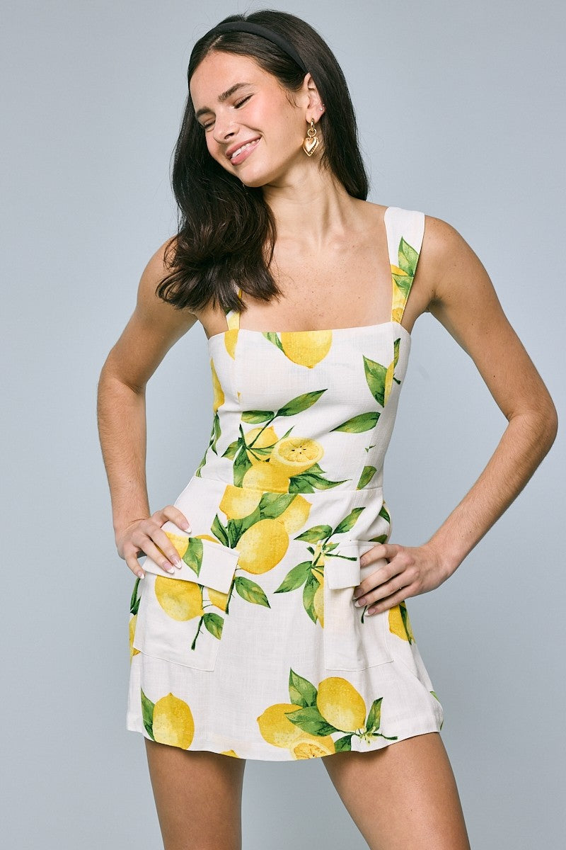 Linen Blend Picking Lemon Micro Mini Dress