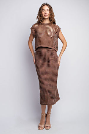 Woven Way Crochet Set Skirt and Crop Top in Taupe