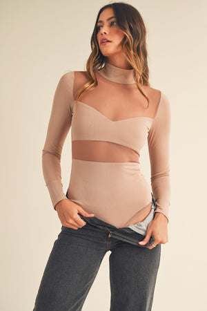 Tommie Mixed Mesh Body Suit in Taupe