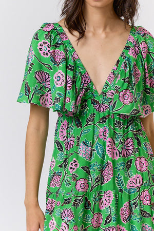Green with Envy Printed Ruffle Top Maxi Dress