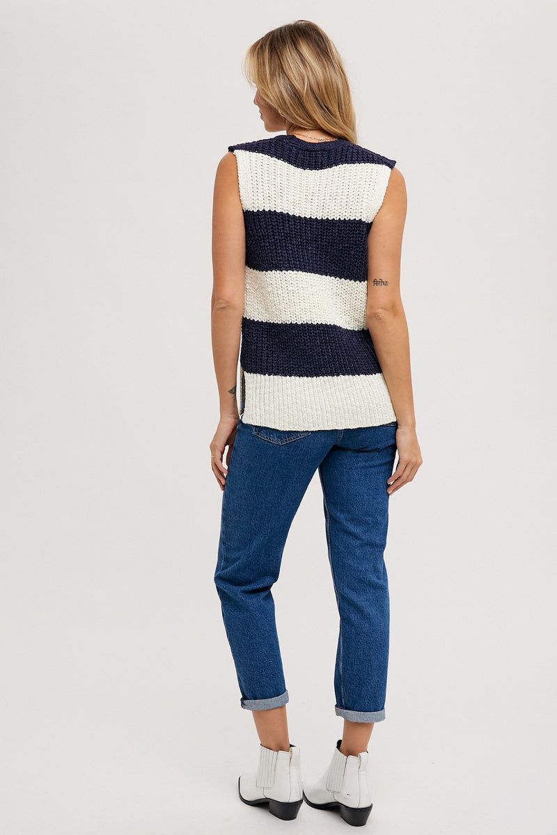 Wide Stripe Tank Sweater in Navy