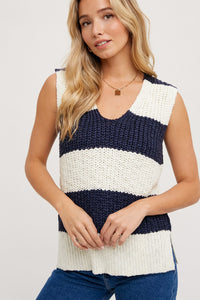 Wide Stripe Tank Sweater in Navy