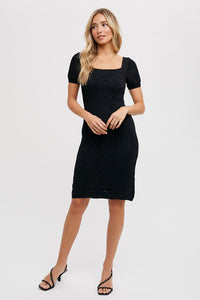 Santa Barbara Square Neck Crochet Dress in BLACK