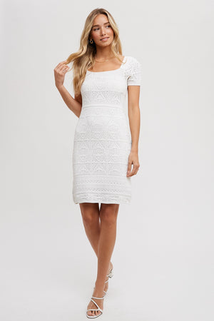 Santa Barbara Square Neck Crochet Dress in White