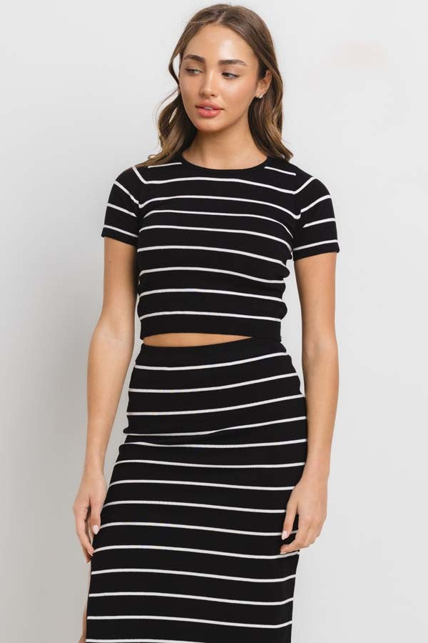 Earn Your Stripes Crop Top and Skirt Set in BLACK