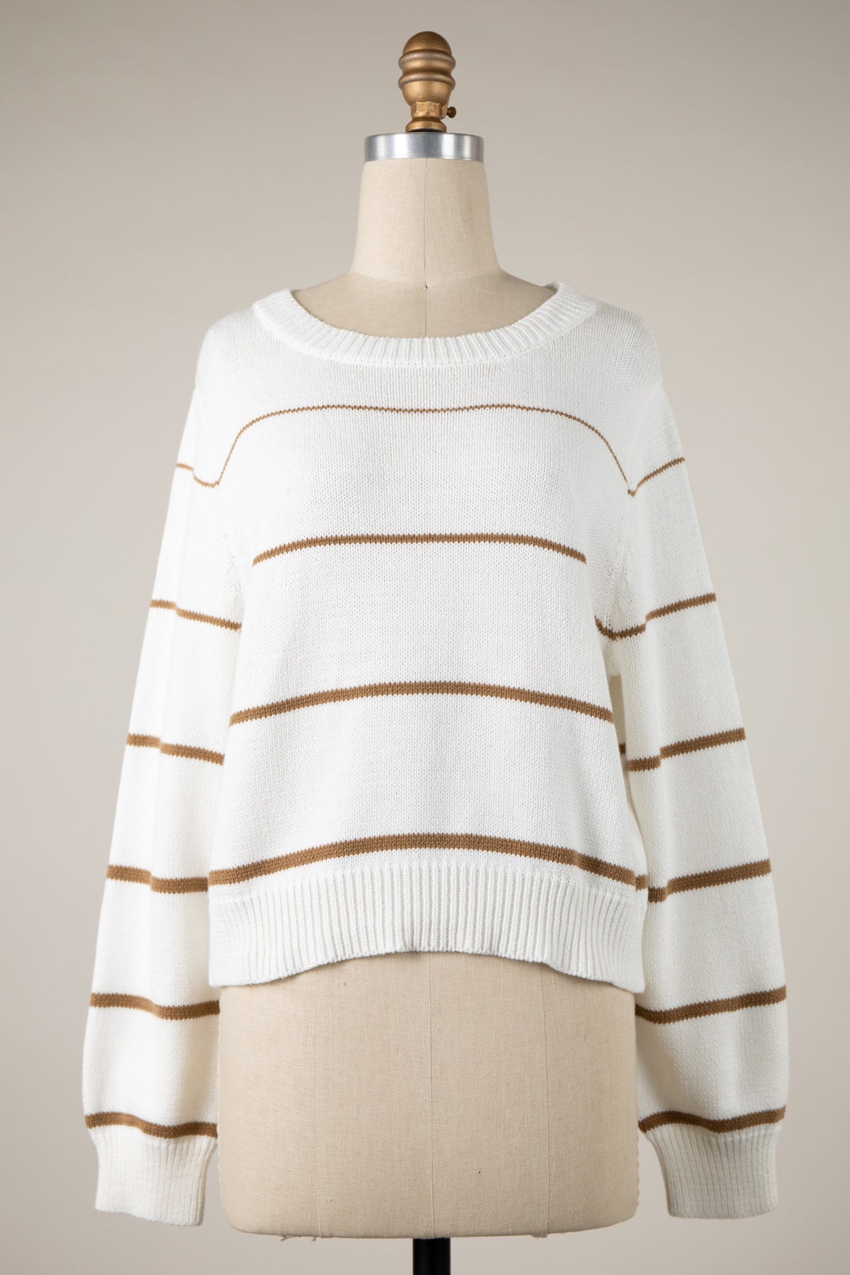 Stripe Cropped Crew Neck Sweater in White — back view on model