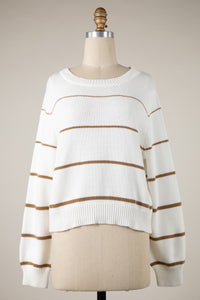Stripe Cropped Crew Neck Sweater in White — back view on model