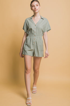 Bethanny Linen Button Romper in Moss