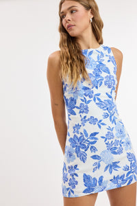 Blue Bloom Botanical Boat Neck Mini Dress