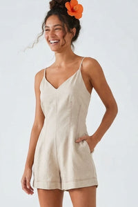 Linen Romper With Contrast Stitching
