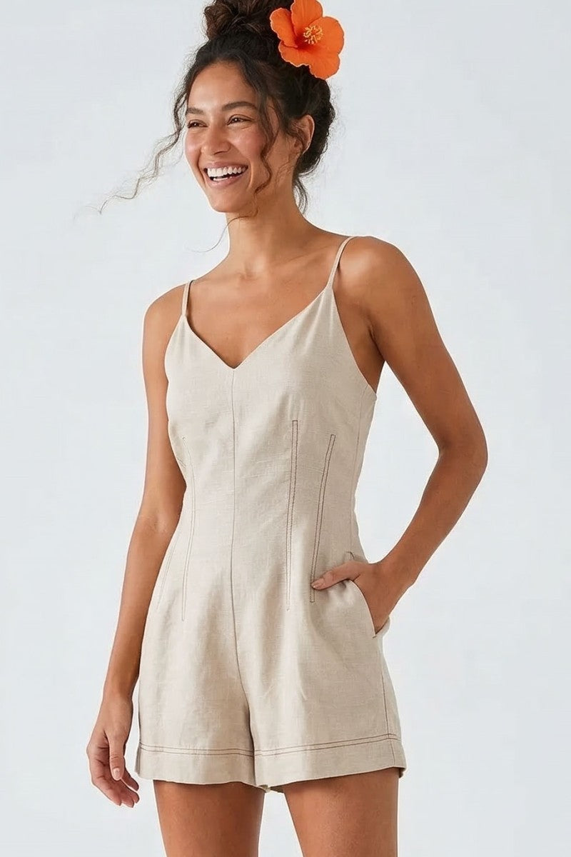 Linen Romper With Contrast Stitching