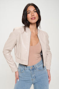 Vegan Leather Minimalistic bomber Jacket in Cream