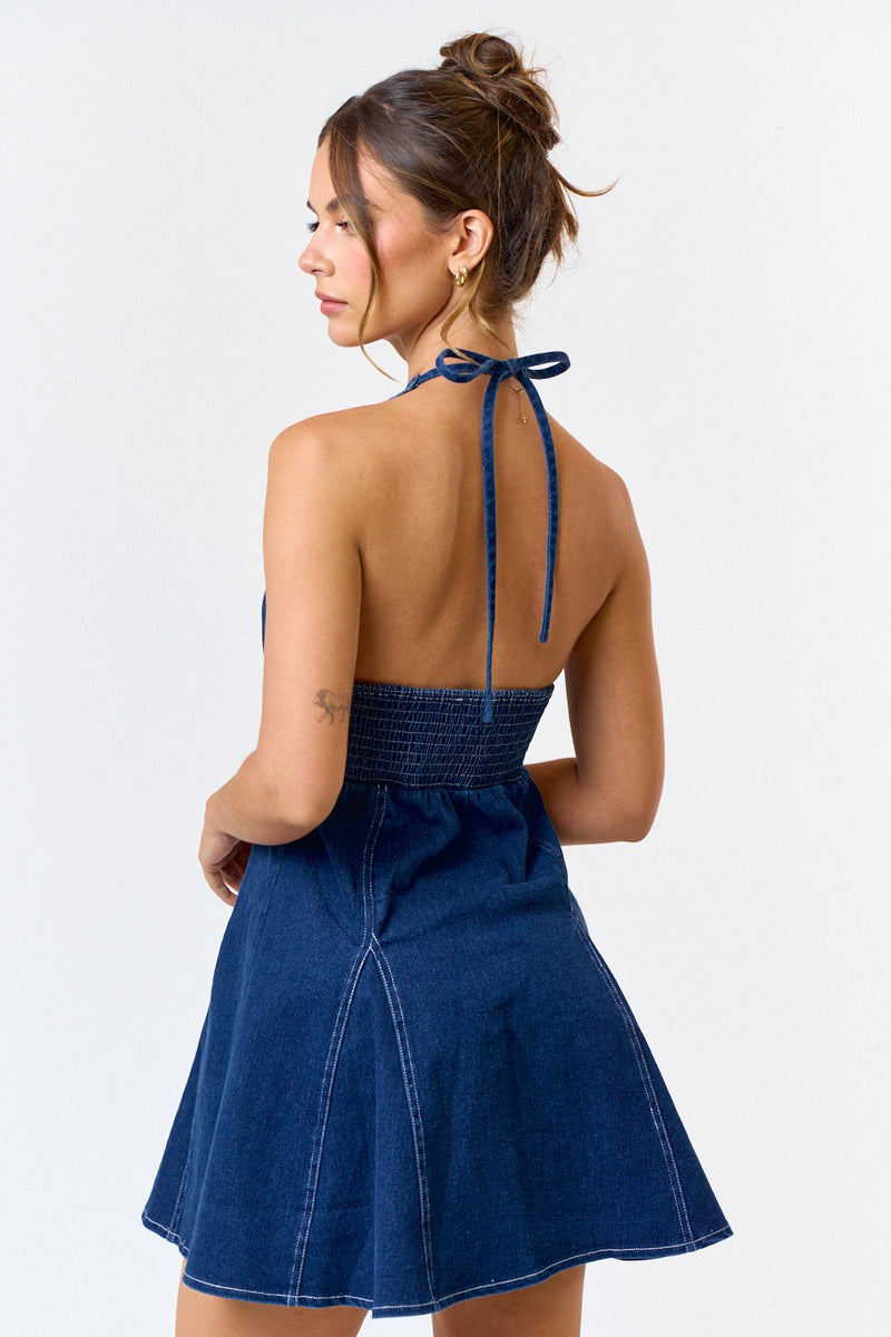 Layla Stretch Denim Halter Dress