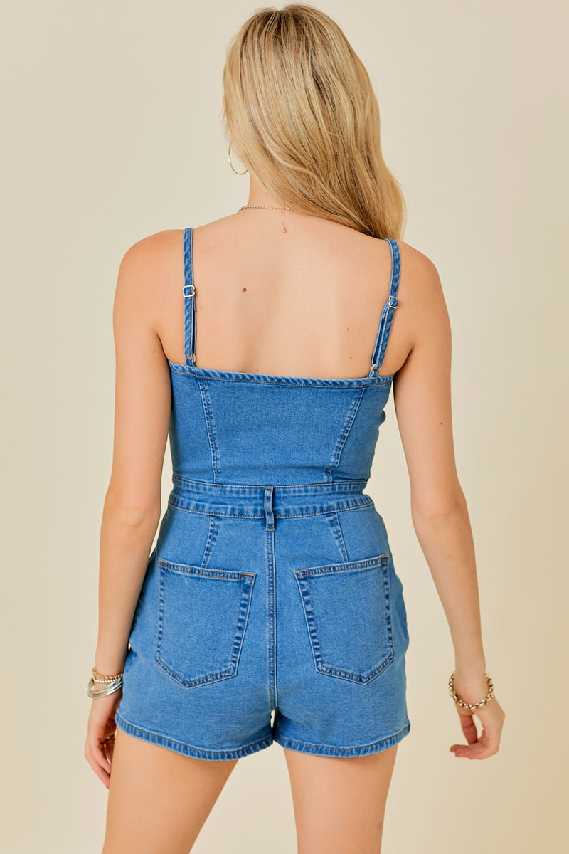 Manhattan Ave Washed Denim Romper in Denim Blue