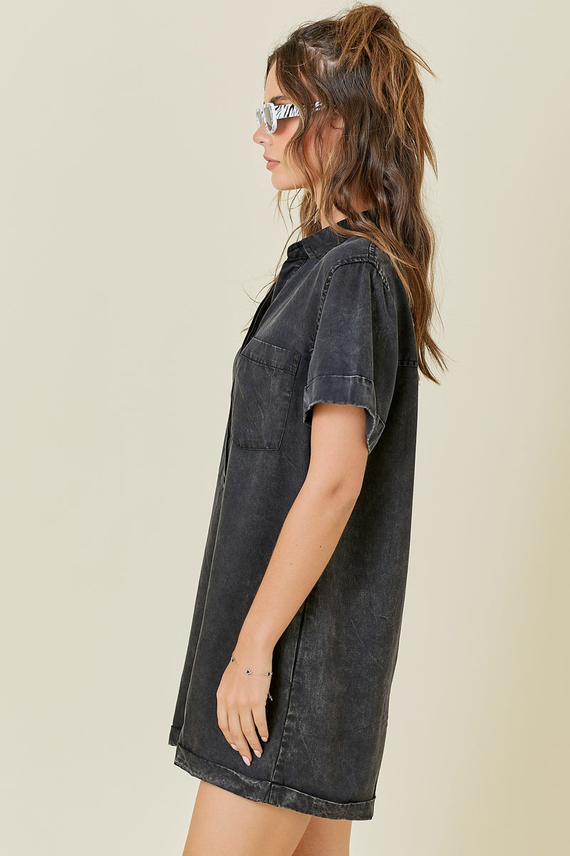 Washed Tencel Denim Shirt Romper in Black