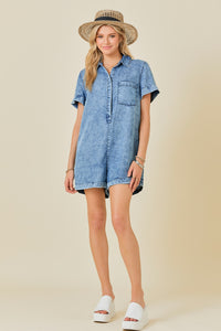 Washed Tencel Denim Shirt Romper in Denim