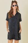 Washed Tencel Denim Shirt Romper in Black