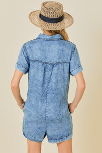 Washed Tencel Denim Shirt Romper in Denim