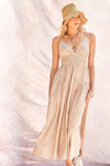 Picnic Stripe Deep V Midi Dress in Taupe