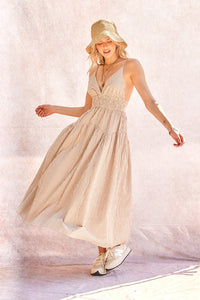 Picnic Stripe Deep V Midi Dress in Taupe