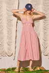Picnic Stripe Deep V Midi Dress in Red