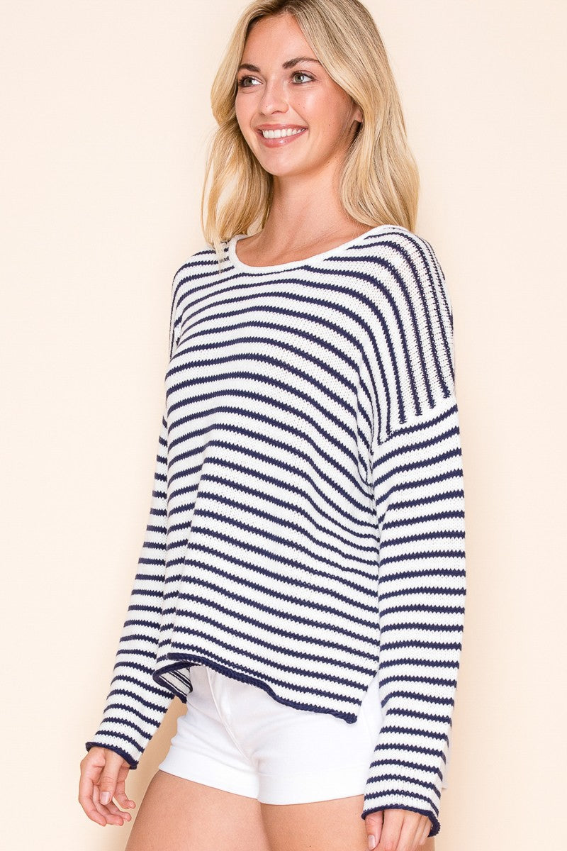 Striped Casual Pull Over Sweater in Navy