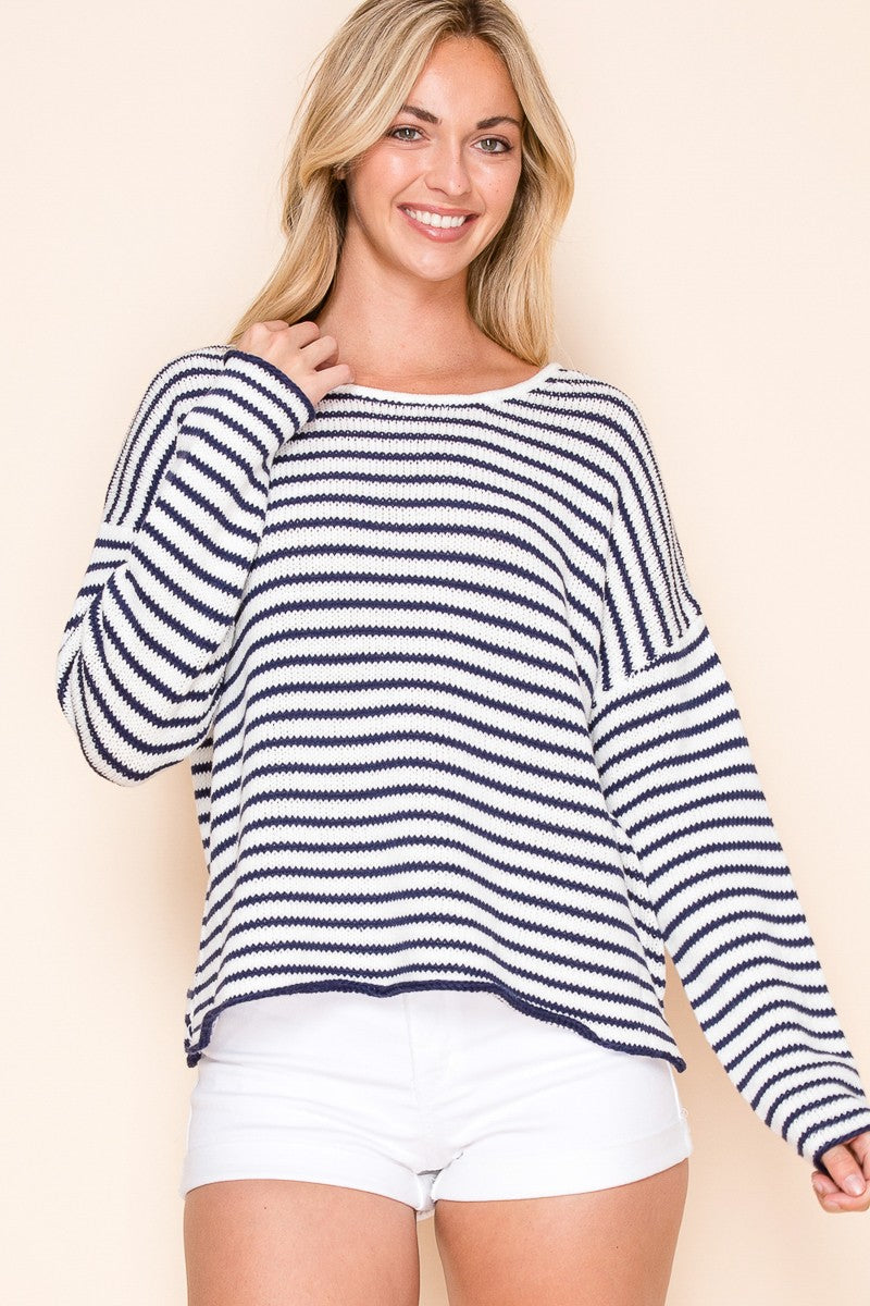 Striped Casual Pull Over Sweater in Navy