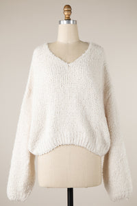 Fuzzy V Neck Sweater in Ivory