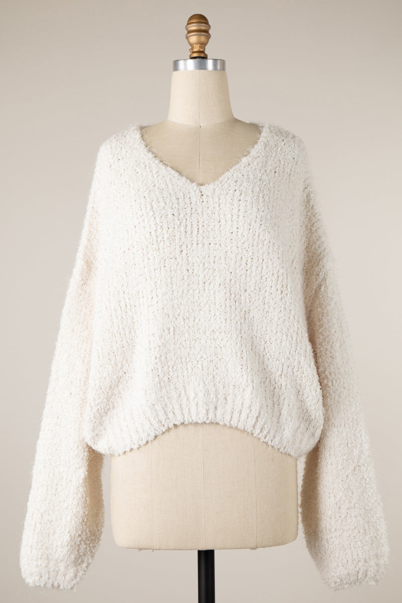 Fuzzy V Neck Sweater in Ivory