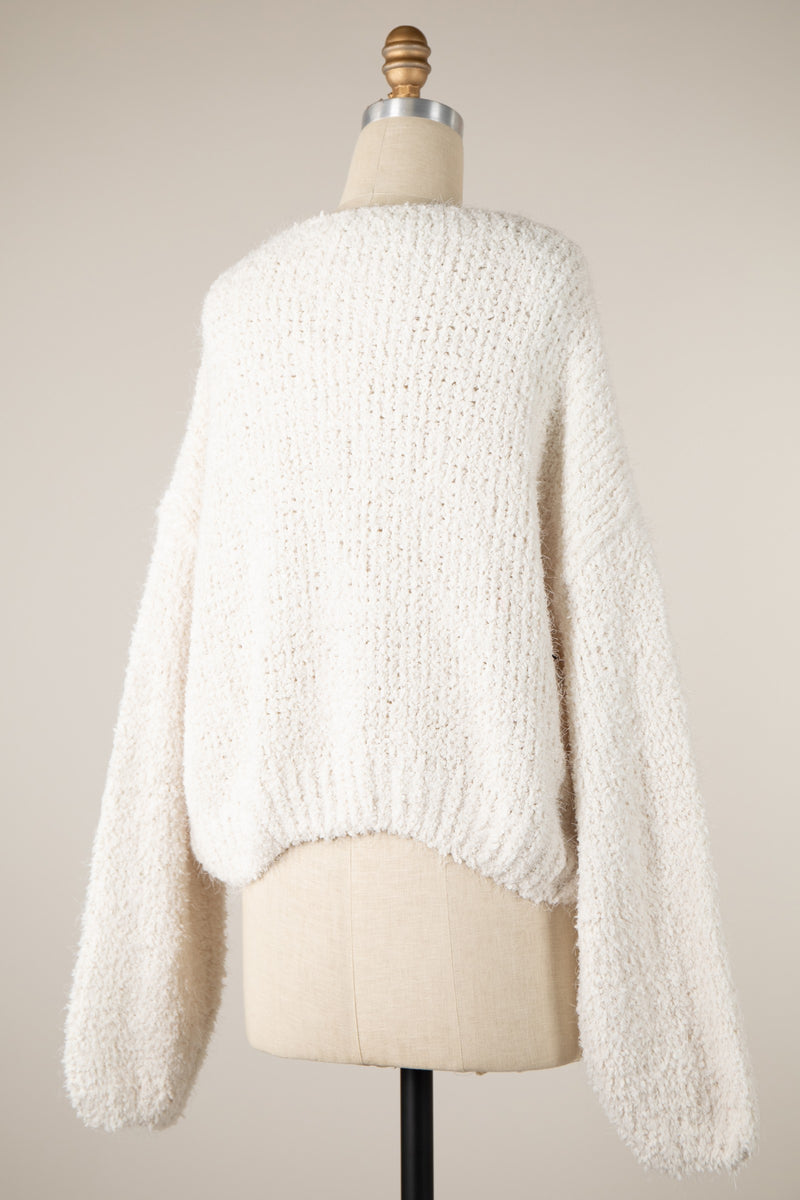 Fuzzy V Neck Sweater in Ivory
