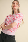 So Sweet Puff Sleeve Bow Print Short Sleeve Sweater in Pink