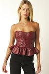 Vegan Leather Peplum Top In Burgundy