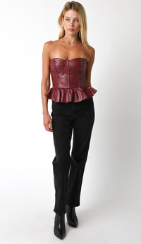 Vegan Leather Peplum Top In Burgundy